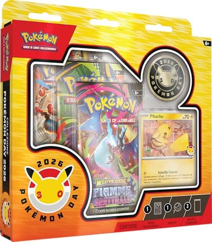 Collezione Pokémon Day 2026 del GCC Pokémon (una carta promozionale olografica, una moneta e tre buste di espansione)