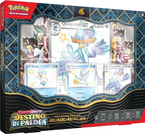 Collezione premium Quaquaval-ex dell’espansione Scarlatto e Violetto Destino di Paldea del GCC Pokémon (3 carte promo olografiche, 1 carta gigante e 8 buste di espansione), edizione in italiano