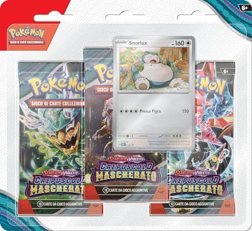 Confezione da tre buste di espansione con Snorlax dell’espansione Scarlatto e Violetto - Crepuscolo Mascherato del GCC Pokémon (tre buste e una carta promozionale olografica), edizione in italiano