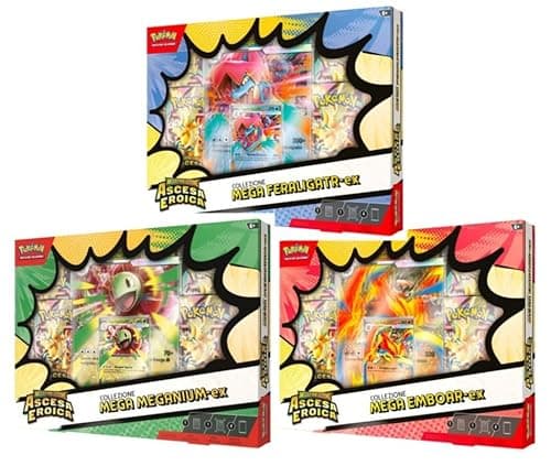 Pokémon Ascesa Eroica Collezione Mega EX Trio ITA – Mega Emboar ex, Mega Feraligatr ex, Mega Meganium ex – Set Carte Pokémon GCC Italiano più 100 Sleeves Perfect By Baruzcard