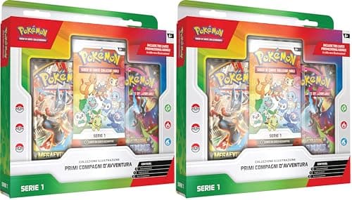 Pokémon: collezione illustrazione Primi compagni d’avventura - Serie 1 del GCC Pokémon (tre carte promozionali, due buste di espansione e un foglio di adesivi), Edizione in Italiano (Confezione da 2)